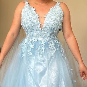 Beautiful light blue gown with dramatic draping off the back, size 4, brand new